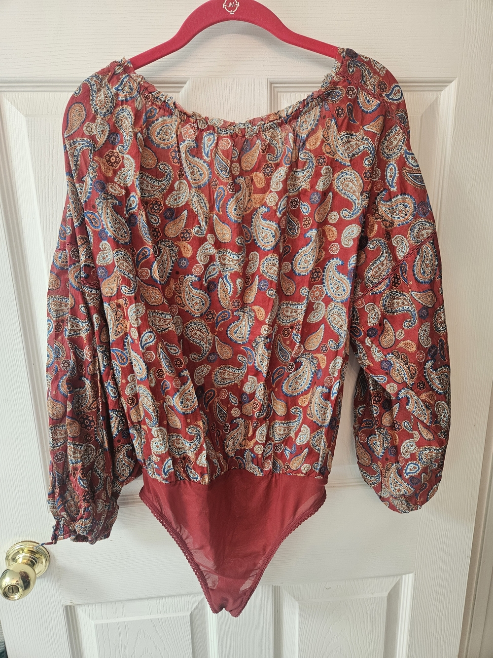 Free People Red Paisley Off-Shoulder Bodysuit, Size S